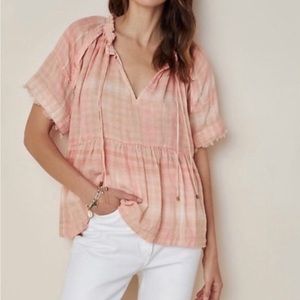 Anthropologie/Pilcro Peach Plaid Top With Raw Edge | Size Small